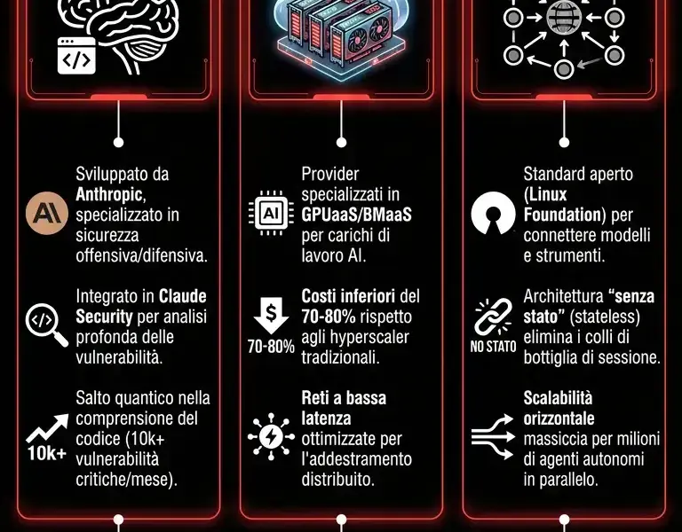 Infografica: Architettura Mythos 1: scalabilit&agrave; su Neocloud e MCP stateless