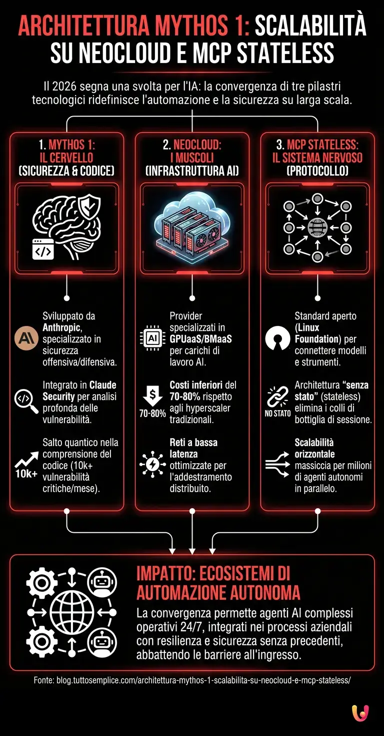 Architettura Mythos 1: scalabilità su Neocloud e MCP stateless - Infografica riassuntiva