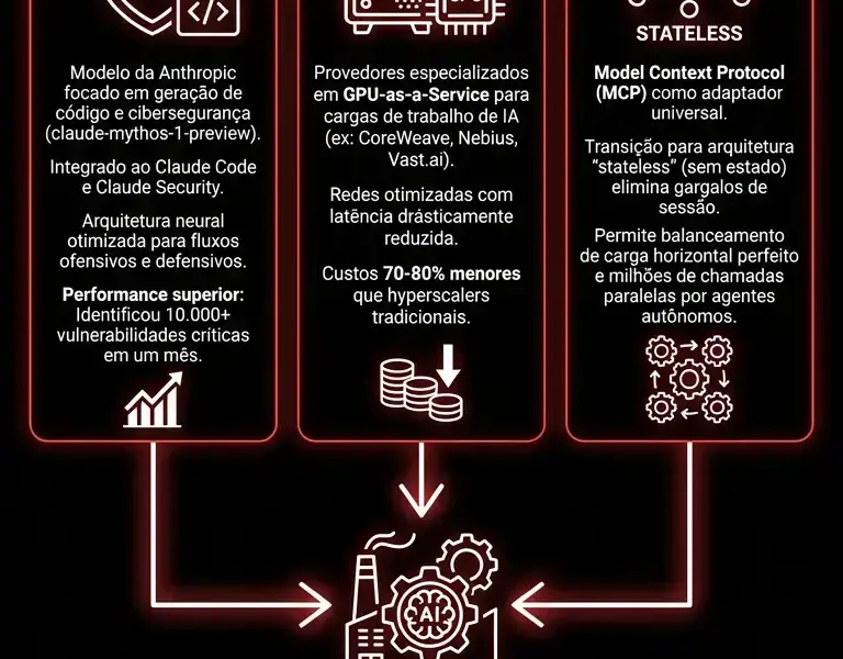 Infografica: Arquitetura Mythos 1: escalabilidade no Neocloud e MCP stateless