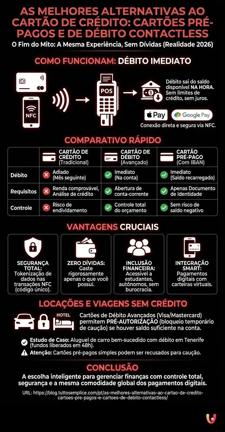 As melhores alternativas ao cart&atilde;o de cr&eacute;dito: cart&otilde;es pr&eacute;-pagos e cart&otilde;es de d&eacute;bito contactless. - Infogr&aacute;fico resumido