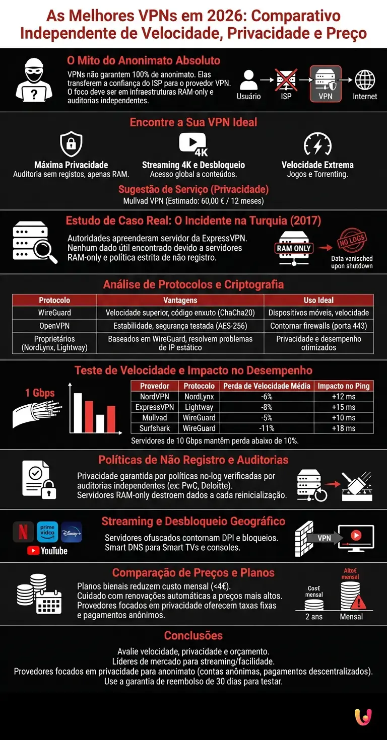 As Melhores VPNs em 2026: Comparativo Independente de Velocidade, Privacidade e Pre&ccedil;o - Infogr&aacute;fico resumido