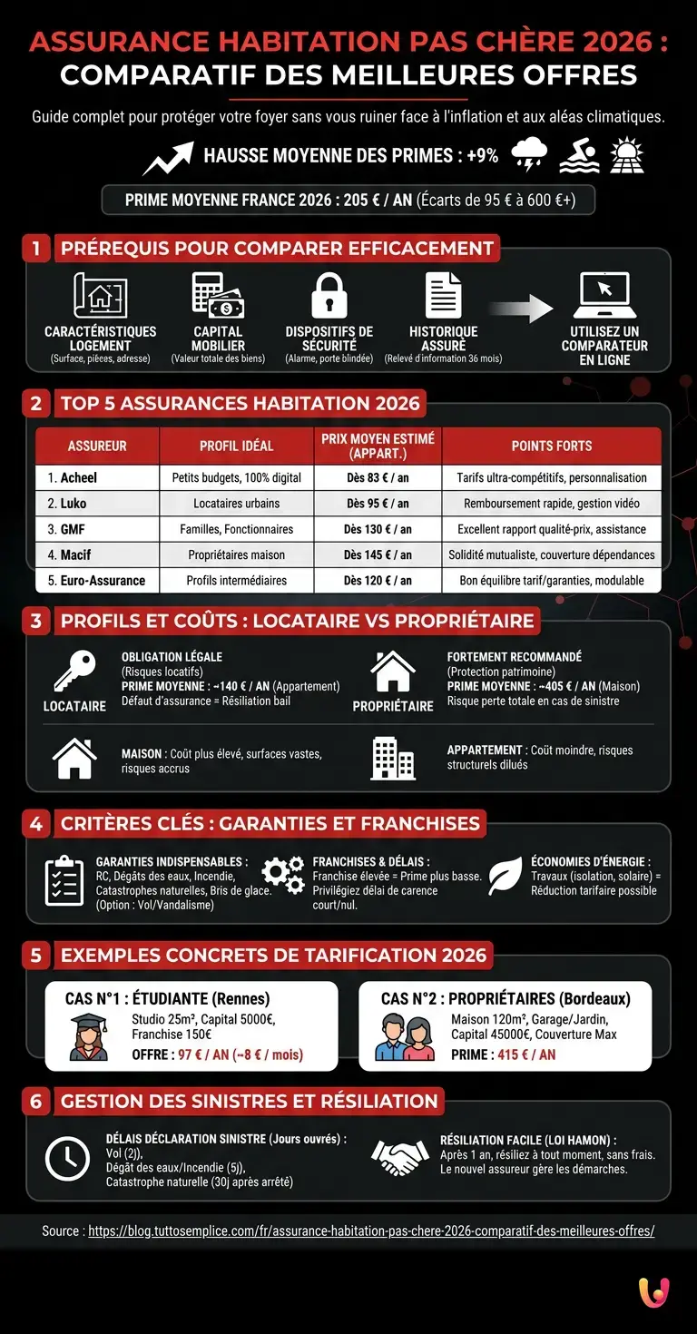 Assurance habitation pas ch&egrave;re 2026 : comparatif des meilleures offres - Infographie r&eacute;sumant