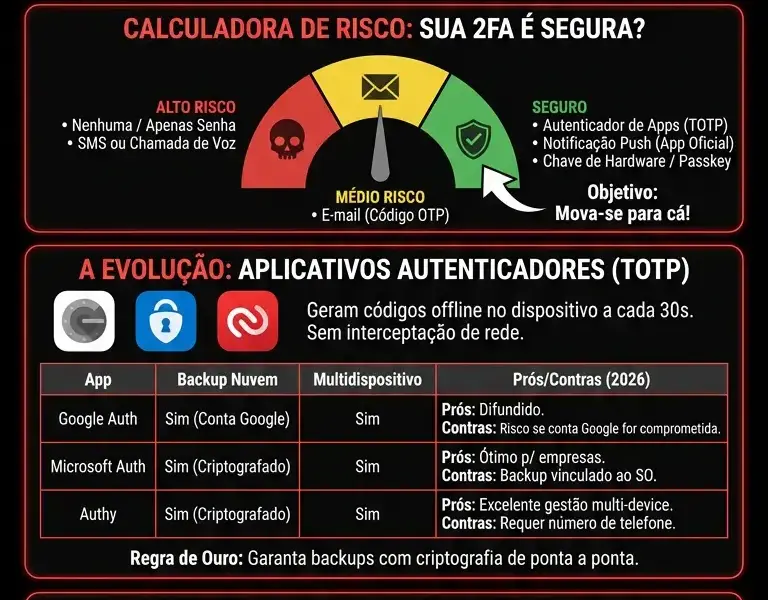 Infografica: Autentica&ccedil;&atilde;o de Dois Fatores: Por que os SMS N&atilde;o S&atilde;o Suficientes e o Que Usar em 2026
