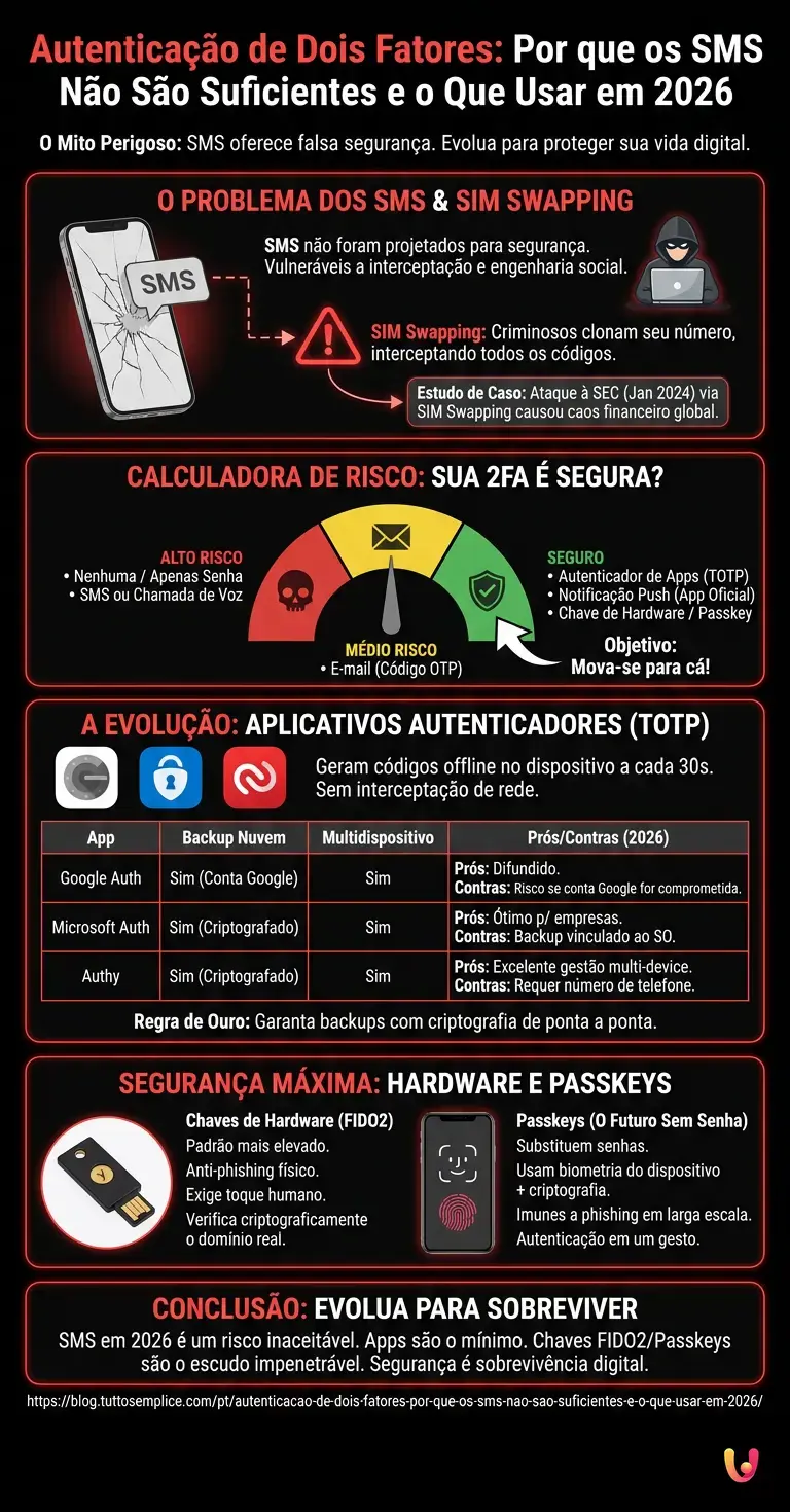 Autentica&ccedil;&atilde;o de Dois Fatores: Por que os SMS N&atilde;o S&atilde;o Suficientes e o Que Usar em 2026 - Infogr&aacute;fico resumido