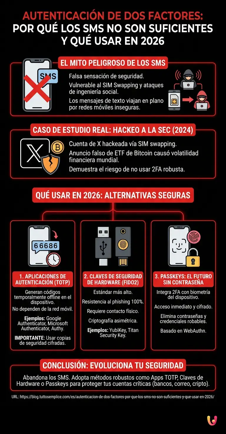 Autenticaci&oacute;n de dos factores: por qu&eacute; los SMS no son suficientes y qu&eacute; usar en 2026 - Infograf&iacute;a resumen