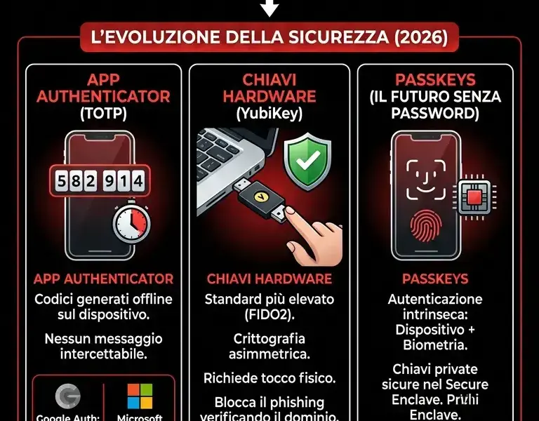 Infografica: Autenticazione a Due Fattori: Perch&eacute; gli SMS Non Bastano e Cosa Usare nel 2026