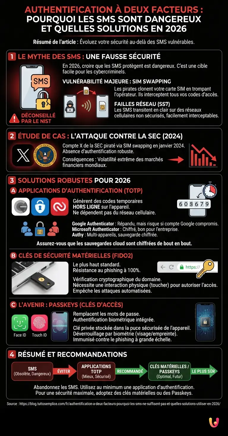 Authentification &agrave; deux facteurs&nbsp;: pourquoi les SMS ne suffisent pas et quelles solutions utiliser en 2026 - Infographie r&eacute;sumant