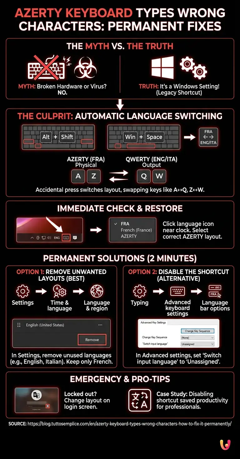 AZERTY keyboard types wrong characters: how to fix it permanently - Summary Infographic