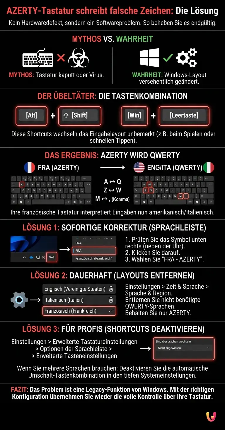 AZERTY-Tastatur schreibt falsche Zeichen: So beheben Sie das Problem endg&uuml;ltig - Zusammenfassende Infografik