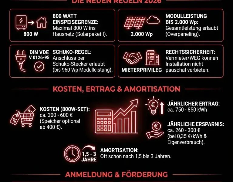 Infografica: Balkonkraftwerk 2026: Kosten, Ertrag, Anmeldung und F&ouml;rderung