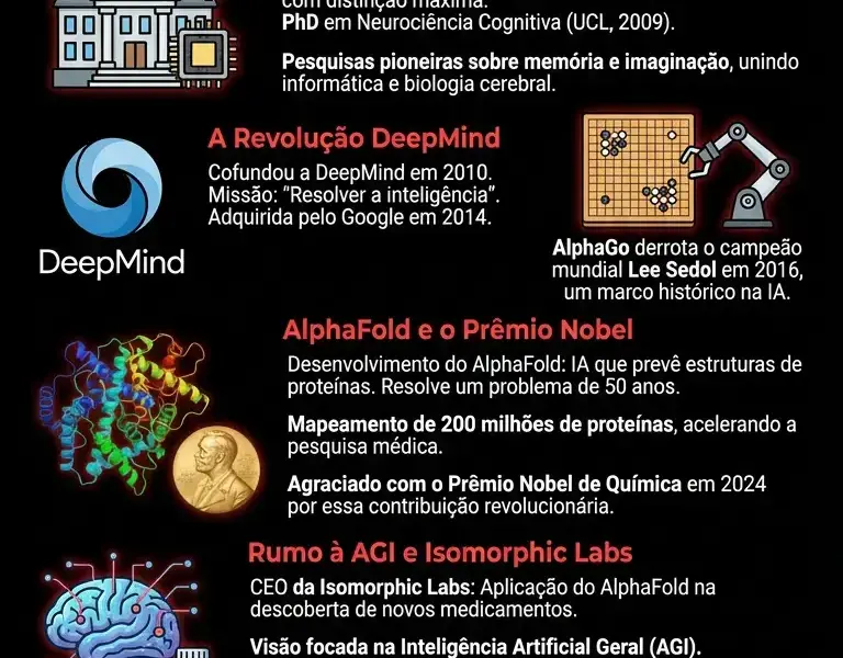 Infografica: Biografia de Demis Hassabis: o g&ecirc;nio por tr&aacute;s da Google DeepMind e do Pr&ecirc;mio Nobel