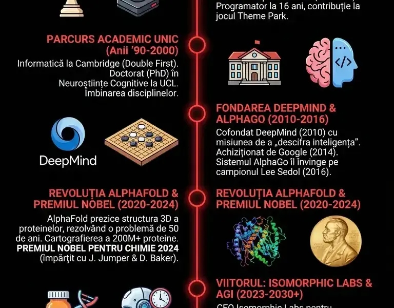 Infografica: Biografia lui Demis Hassabis: geniul din spatele Google DeepMind și Premiul Nobel