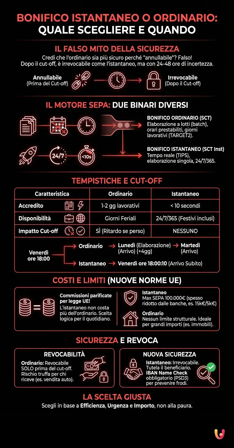 Bonifico Istantaneo o Ordinario: Quale Scegliere e Quando - Infografica riassuntiva
