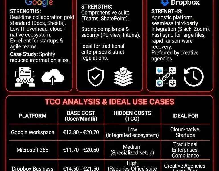Infografica: Business Cloud Storage: Google Workspace vs Microsoft 365 vs Dropbox