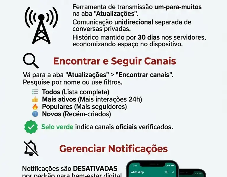 Infografica: Canais do WhatsApp: Como encontr&aacute;-los, segui-los e desativar as notifica&ccedil;&otilde;es