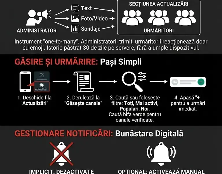 Infografica: Canale WhatsApp: Cum să le găsești, să le urmărești și să dezactivezi notificările