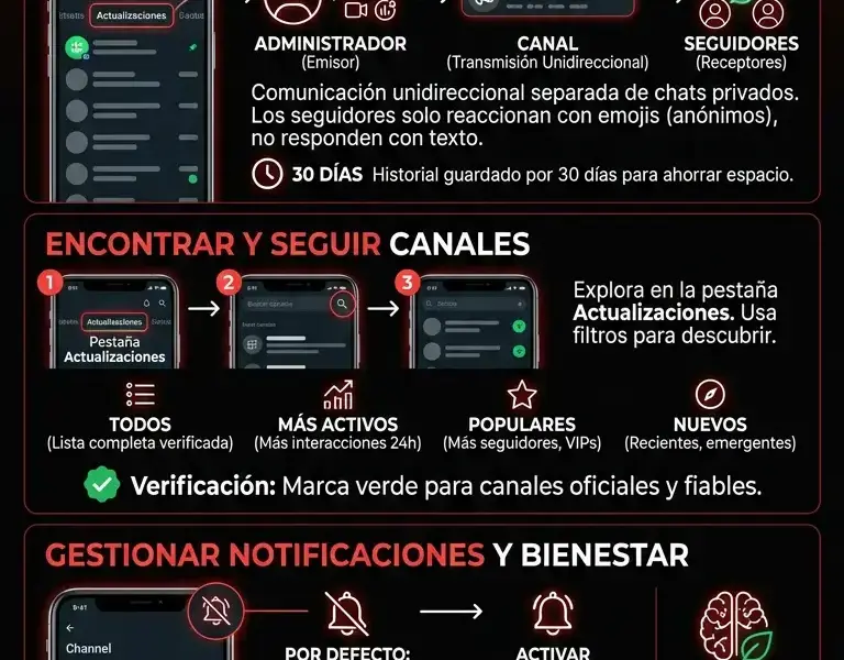 Infografica: Canales de WhatsApp: C&oacute;mo encontrarlos, seguirlos y desactivar las notificaciones