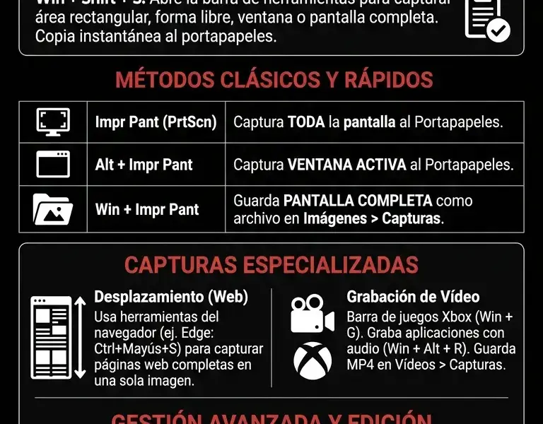Infografica: Capturas de pantalla en Windows: Gu&iacute;a definitiva de m&eacute;todos y atajos