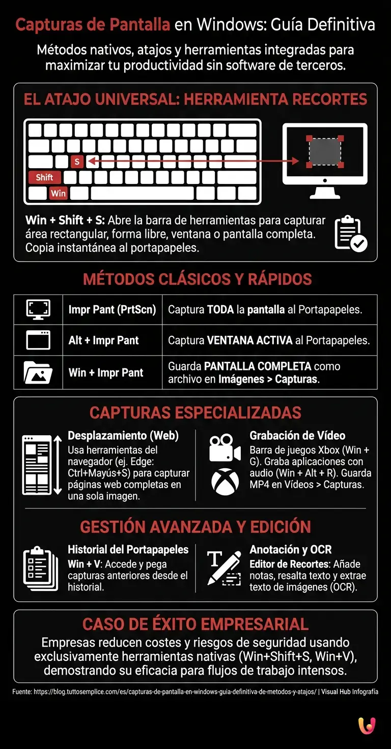 Capturas de pantalla en Windows: Gu&iacute;a definitiva de m&eacute;todos y atajos - Infograf&iacute;a resumen