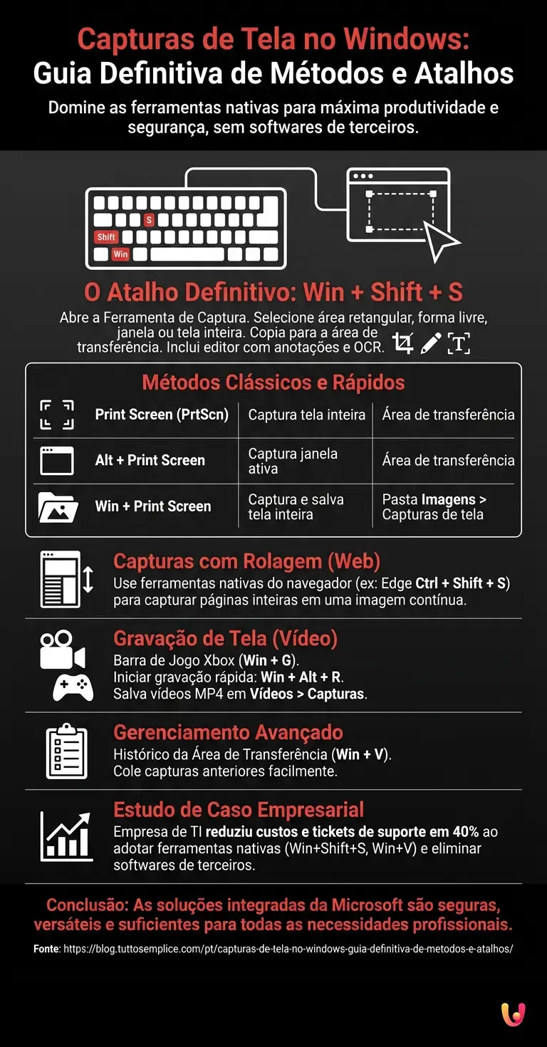 Capturas de tela no Windows: Guia Definitiva de M&eacute;todos e Atalhos - Infogr&aacute;fico resumido
