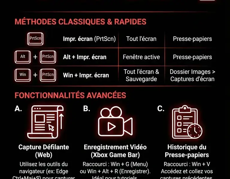 Infografica: Captures d'&eacute;cran sous Windows : Guide complet des m&eacute;thodes et des raccourcis