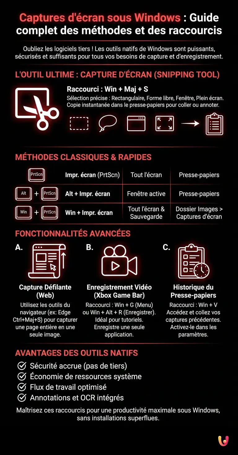 Captures d'&eacute;cran sous Windows : Guide complet des m&eacute;thodes et des raccourcis - Infographie r&eacute;sumant