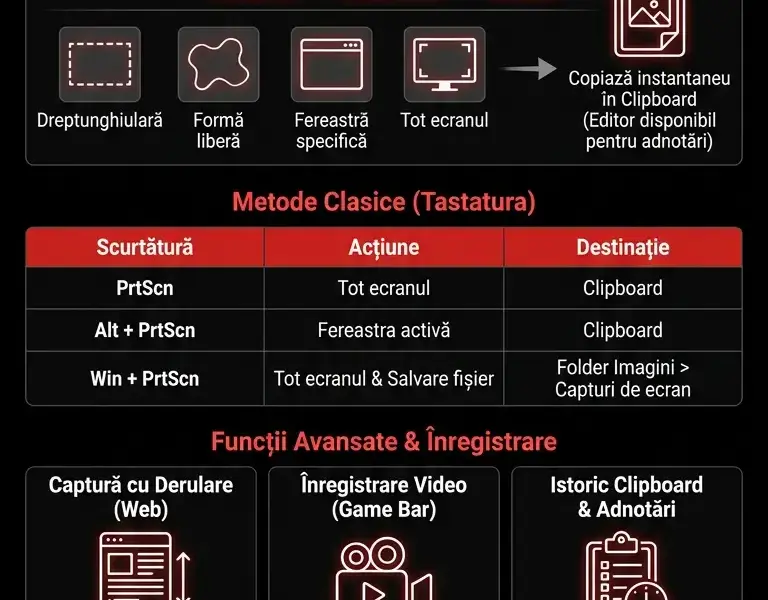 Infografica: Capturi de ecran pe Windows: Ghidul complet pentru metode și scurtături