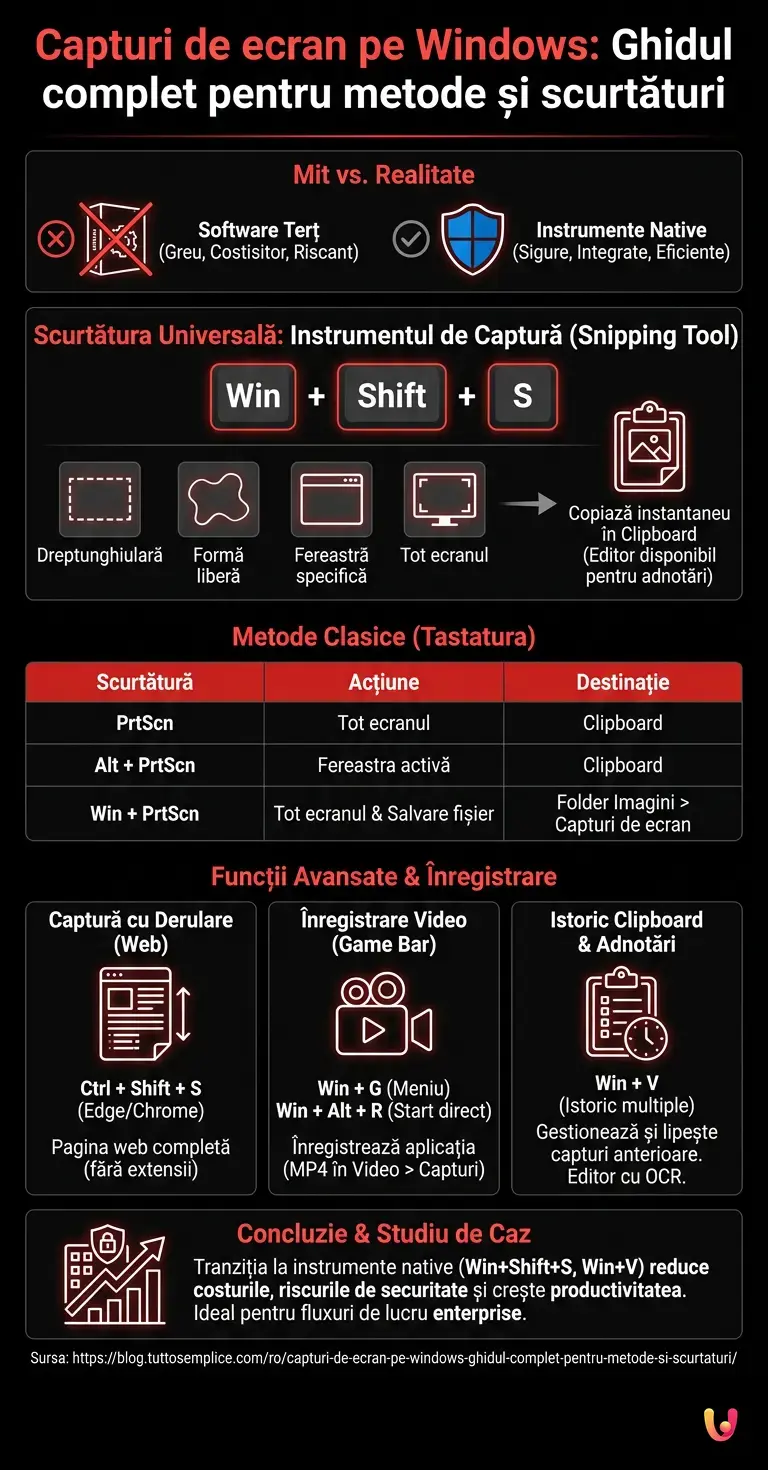 Capturi de ecran pe Windows: Ghidul complet pentru metode și scurtături - Infografic rezumativ