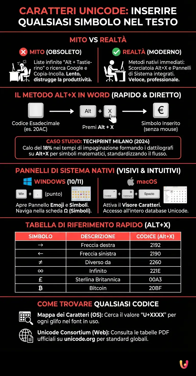 Caratteri Unicode: come inserire qualsiasi simbolo nel testo - Infografica riassuntiva