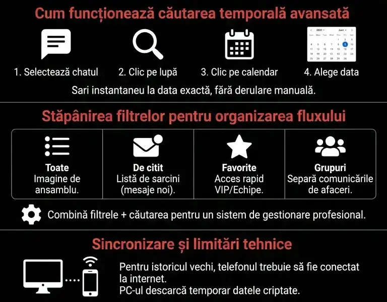 Infografica: Căutarea după dată și filtrele de chat pe WhatsApp Web: ghidul