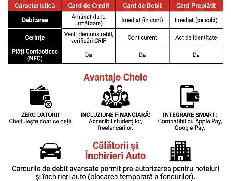 Infografica: Cele mai bune alternative la cardul de credit: cardurile preplătite și cardurile de debit contactless.