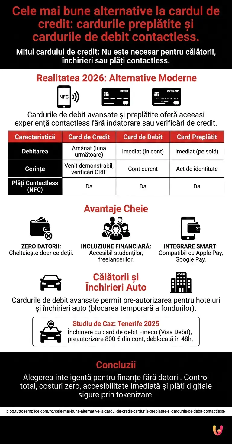 Cele mai bune alternative la cardul de credit: cardurile preplătite și cardurile de debit contactless. - Infografic rezumativ