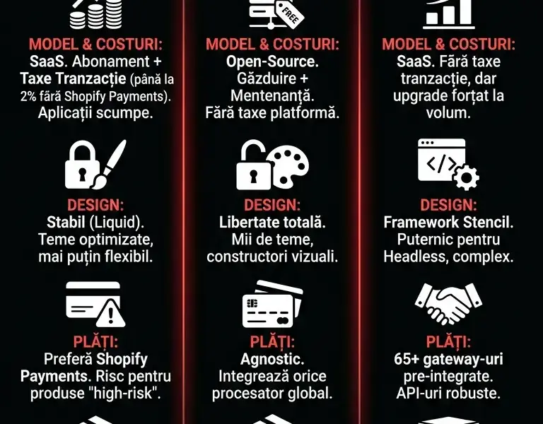 Infografica: Cele mai bune platforme de comerț electronic: Shopify vs WooCommerce vs BigCommerce
