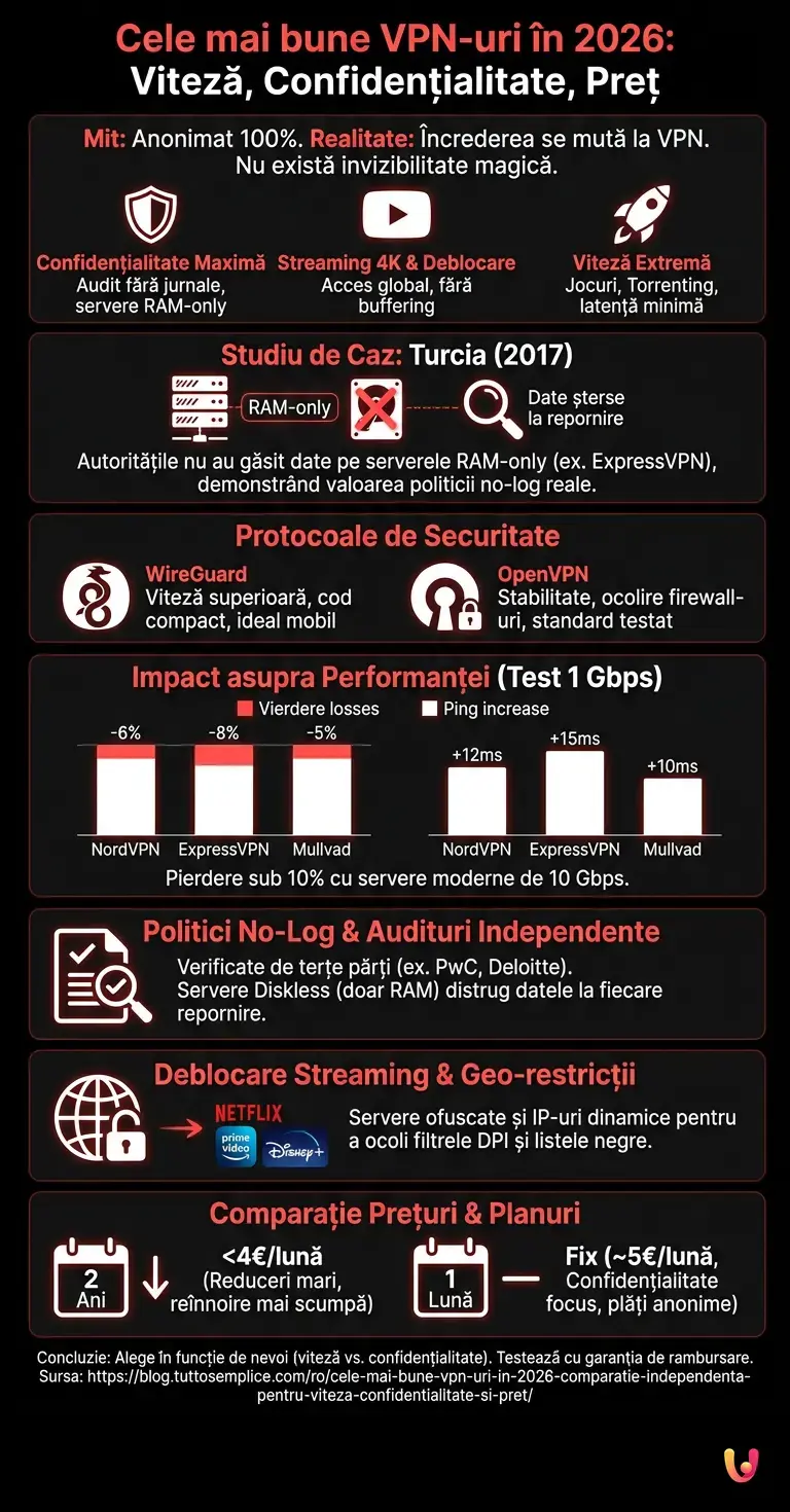 Cele mai bune VPN-uri &icirc;n 2026: Comparație independentă pentru viteză, confidențialitate și preț - Infografic rezumativ