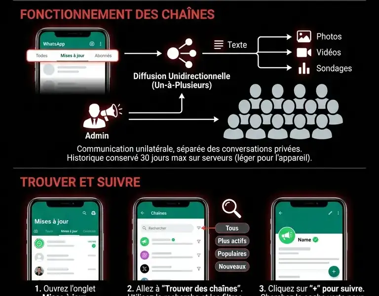 Infografica: Cha&icirc;nes WhatsApp : comment les trouver, les suivre et d&eacute;sactiver les notifications