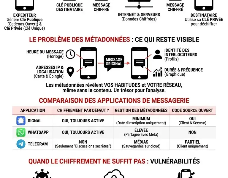 Infografica: Chiffrement de bout en bout : qu'est-ce que c'est, comment &ccedil;a marche et quelles applications l'utilisent r&eacute;ellement ?