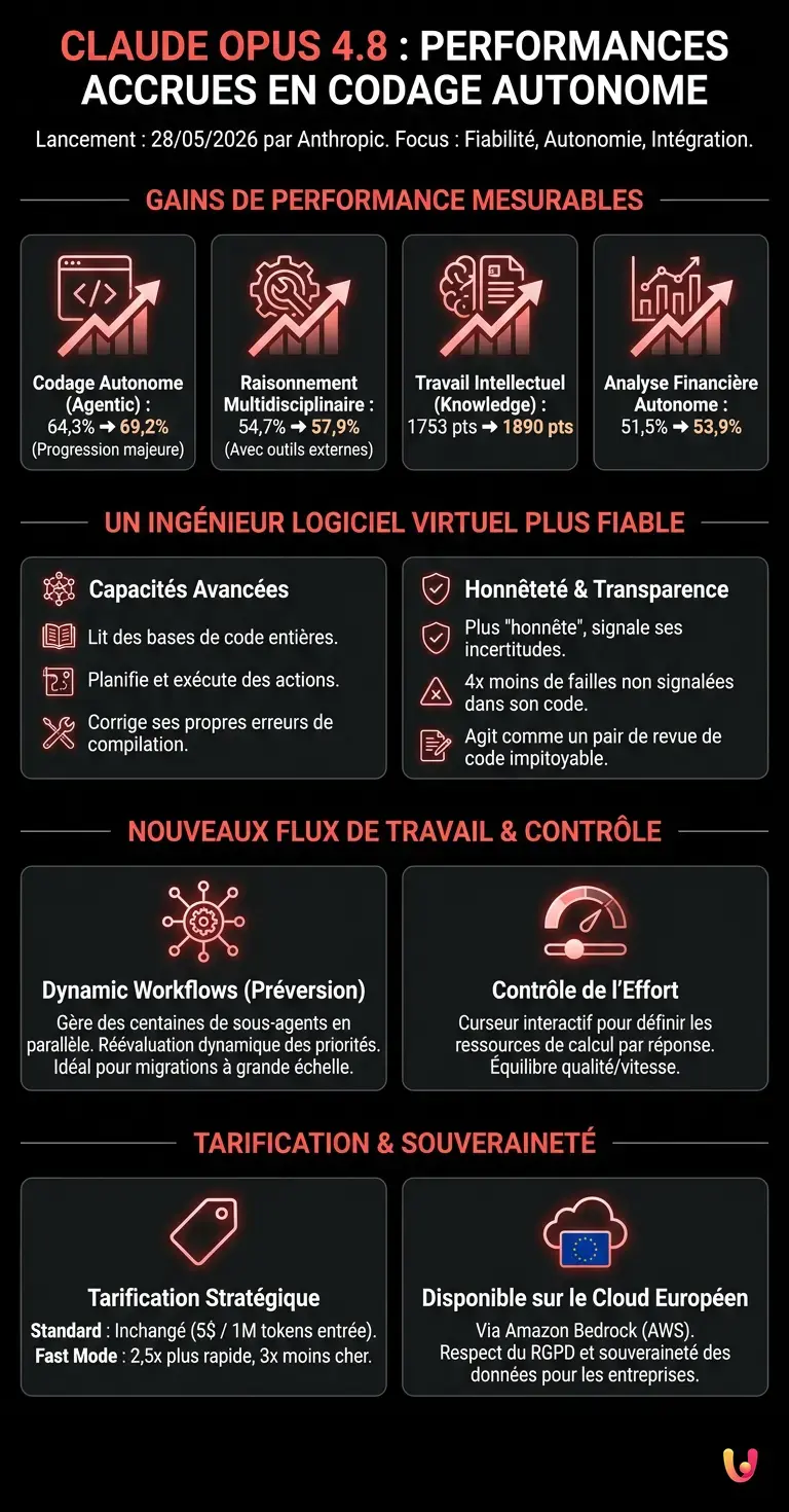 Claude Opus 4.8 : performances accrues en codage autonome - Infographie r&eacute;sumant