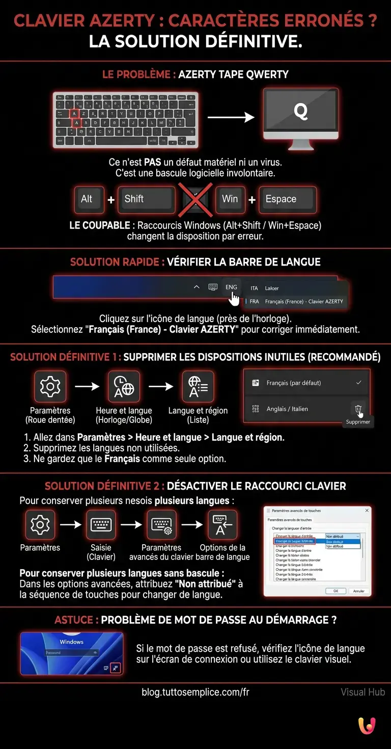 Clavier AZERTY : caract&egrave;res erron&eacute;s, comment r&eacute;soudre le probl&egrave;me d&eacute;finitivement - Infographie r&eacute;sumant