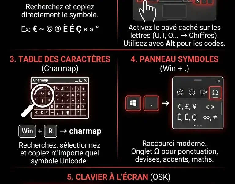Infografica: Clavier d'ordinateur portable : comment taper les caract&egrave;res sp&eacute;ciaux sans pav&eacute; num&eacute;rique