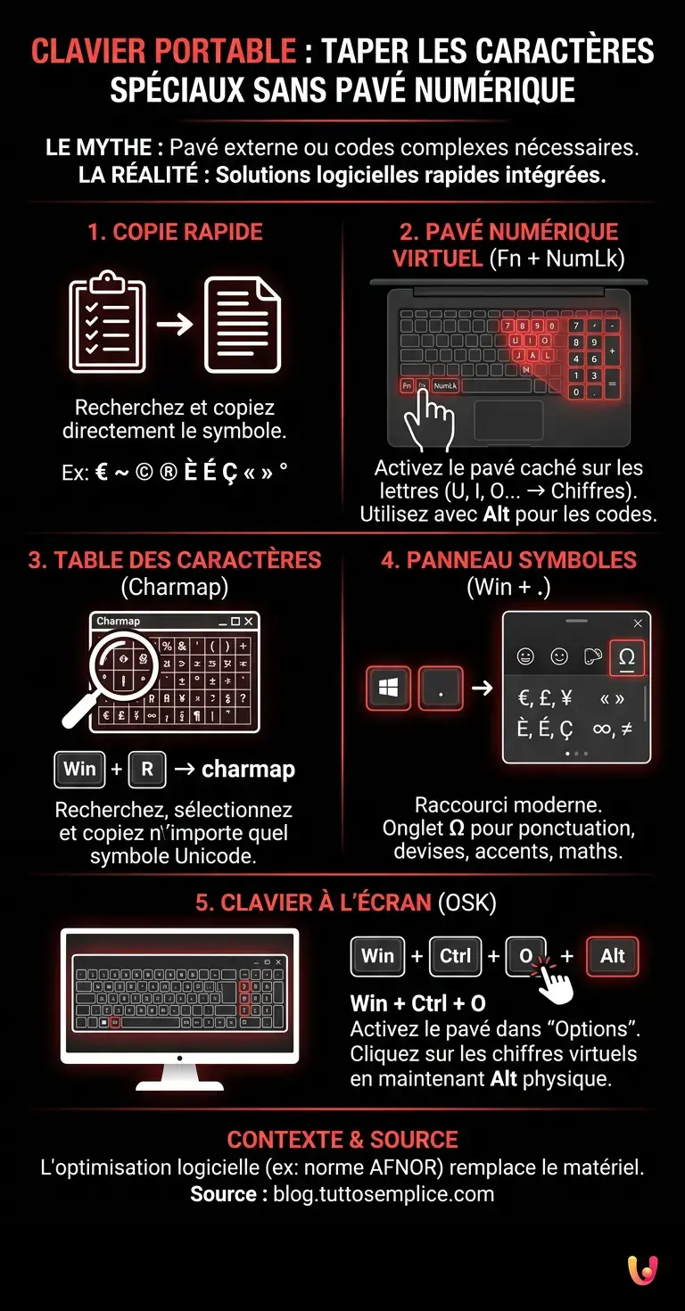Clavier d'ordinateur portable : comment taper les caract&egrave;res sp&eacute;ciaux sans pav&eacute; num&eacute;rique - Infographie r&eacute;sumant