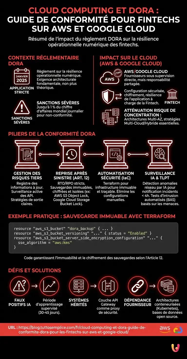 Cloud computing et DORA : Guide de conformit&eacute; DORA pour les fintechs sur AWS et Google Cloud - Infographie r&eacute;sumant