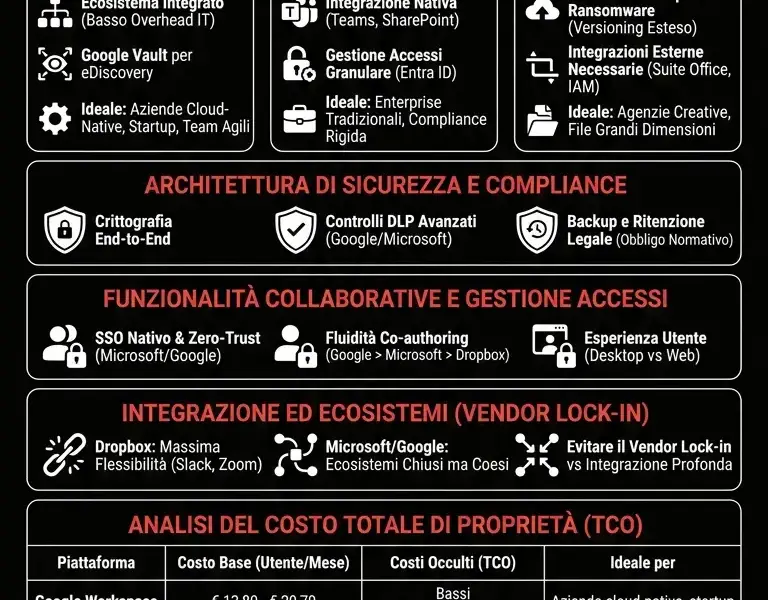 Infografica: Cloud Storage Aziendale: Google Workspace vs Microsoft 365 vs Dropbox
