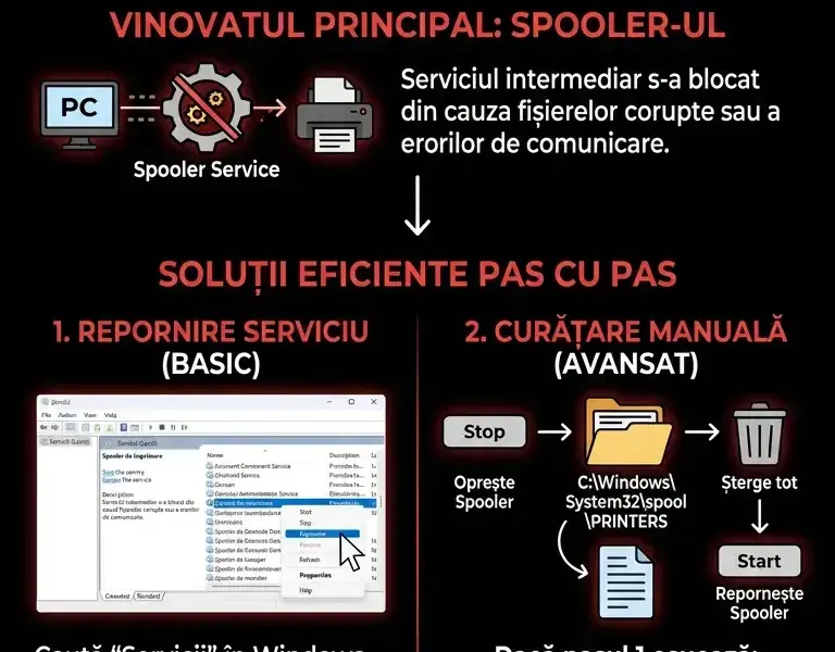 Infografica: Coadă de imprimare blocată? Ghid rapid pentru remediere &icirc;n Windows