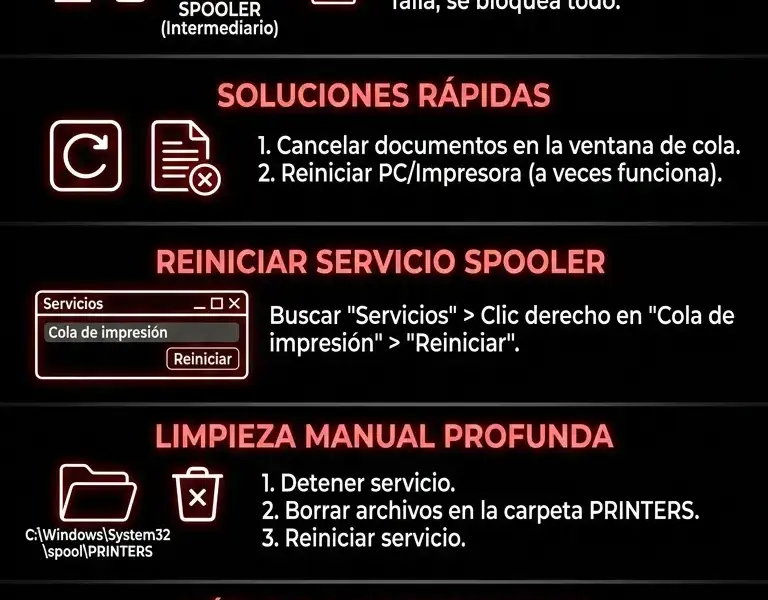 Infografica: &iquest;Cola de impresi&oacute;n bloqueada? Gu&iacute;a r&aacute;pida para solucionarlo en Windows