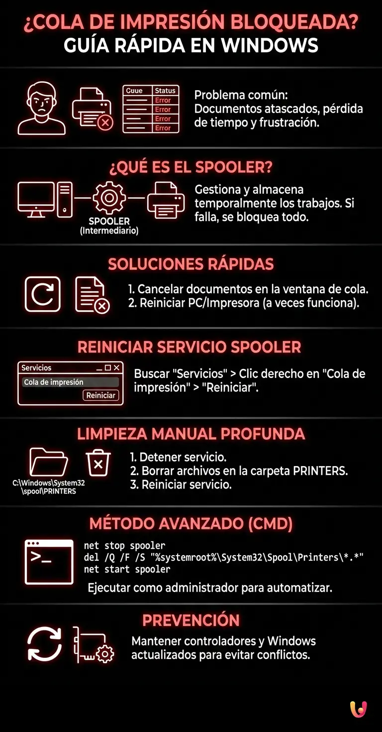 &iquest;Cola de impresi&oacute;n bloqueada? Gu&iacute;a r&aacute;pida para solucionarlo en Windows - Infograf&iacute;a resumen