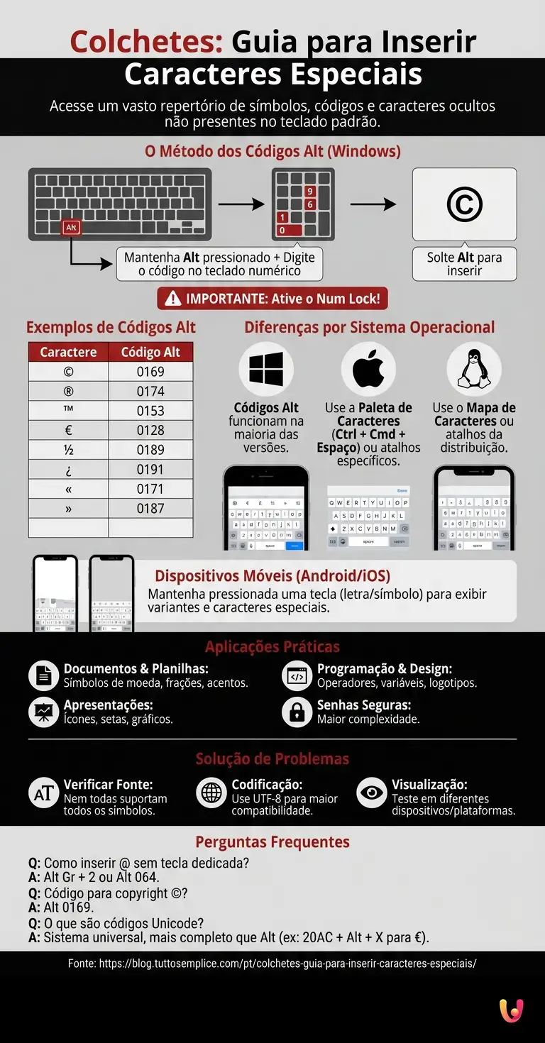 Colchetes: guia para inserir caracteres especiais - Infogr&aacute;fico resumido