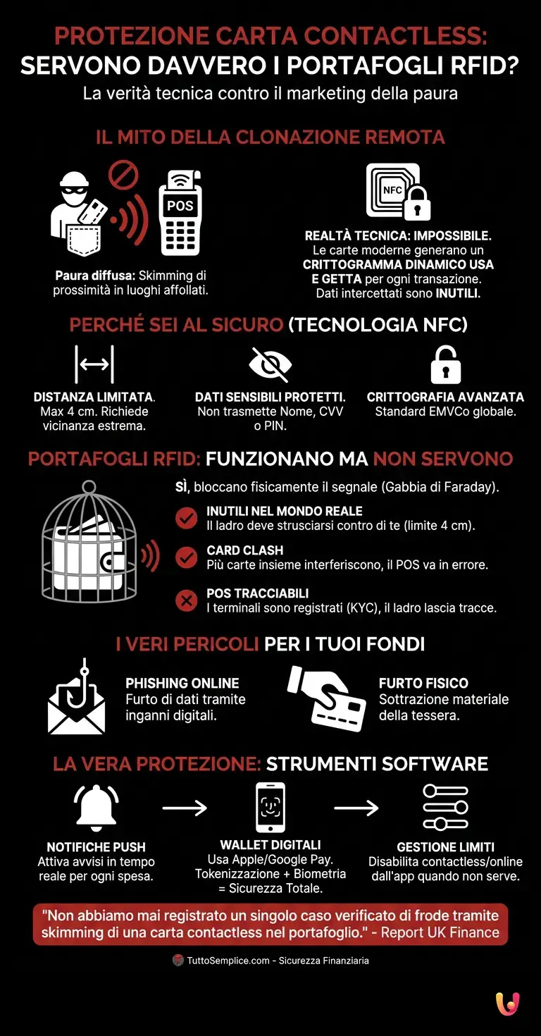 Come bloccare e proteggere la tua carta contactless: servono i portafogli RFID? - Infografica riassuntiva
