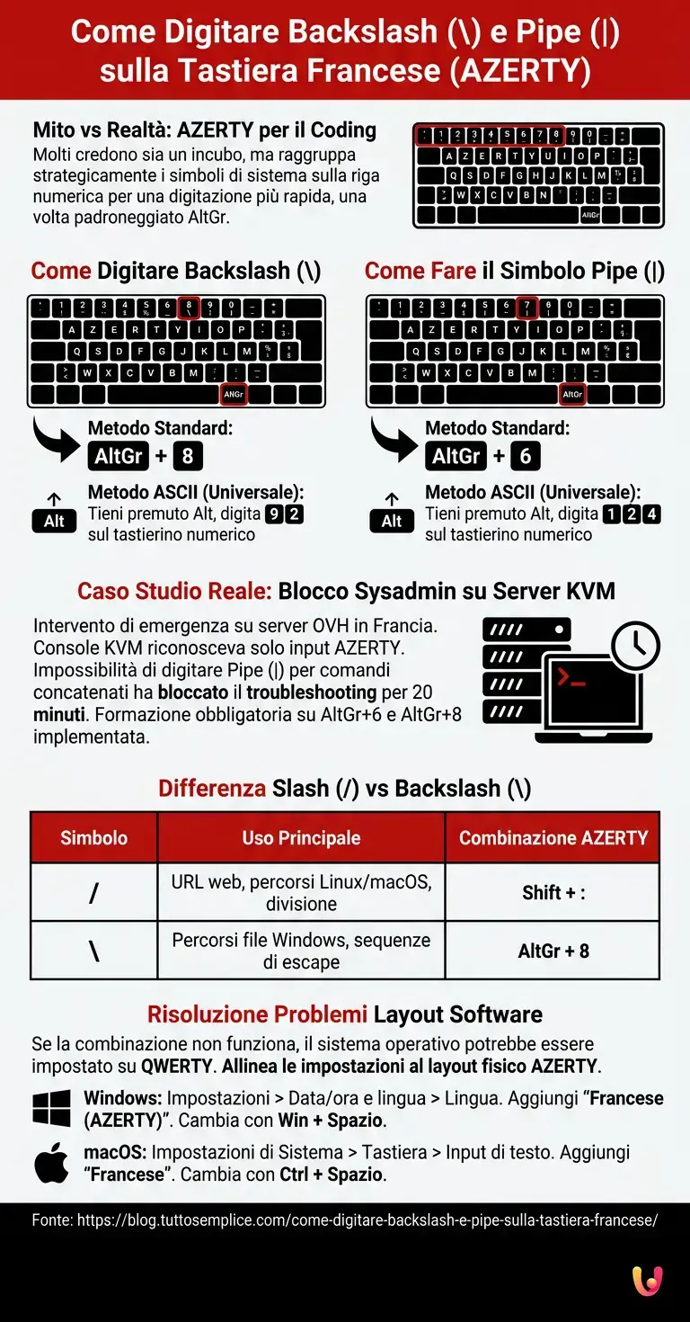 Come digitare Backslash () e Pipe (|) sulla Tastiera Francese - Infografica riassuntiva