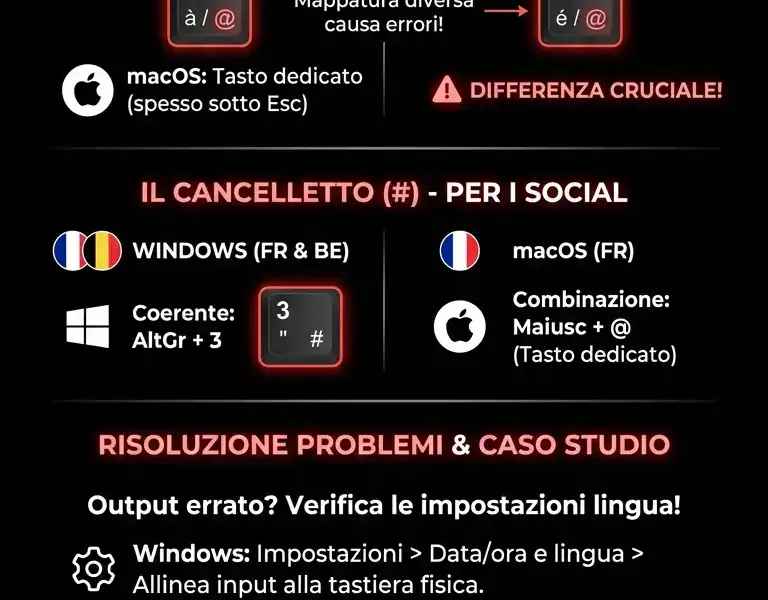 Infografica: Come digitare il cancelletto (#) e la chiocciola (@): guida tastiera AZERTY