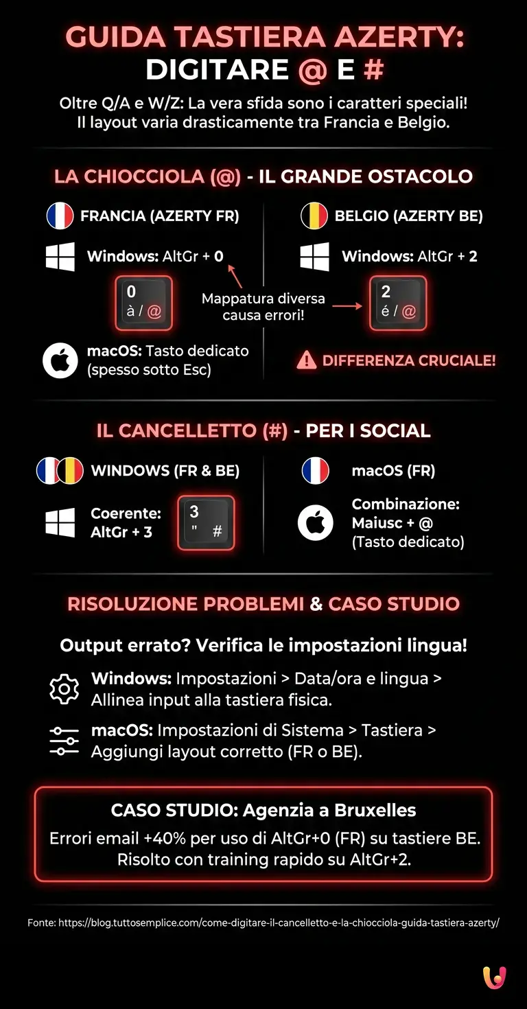 Come digitare il cancelletto (#) e la chiocciola (@): guida tastiera AZERTY - Infografica riassuntiva